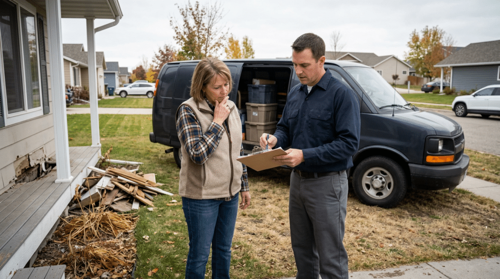 A home inspector holding a clipboard talks to a woman in front of a house with a damaged porch that may require Bozeman insulation services.