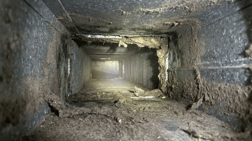 A close-up view inside an air duct system reveals heavy dust, debris, and dust bunny buildup along the metal surfaces, highlighting potential health hazards.
