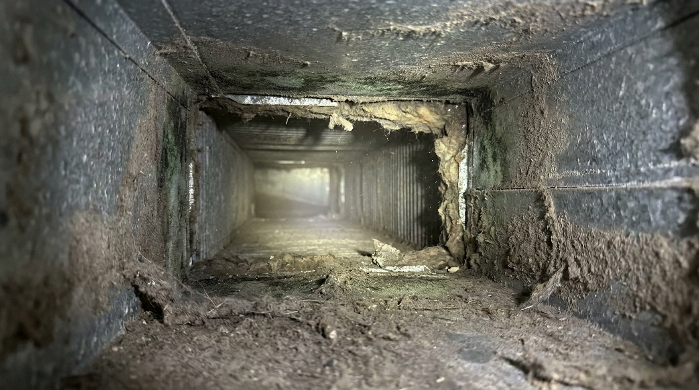 A close-up view inside an air duct system reveals heavy dust, debris, and dust bunny buildup along the metal surfaces, highlighting potential health hazards.