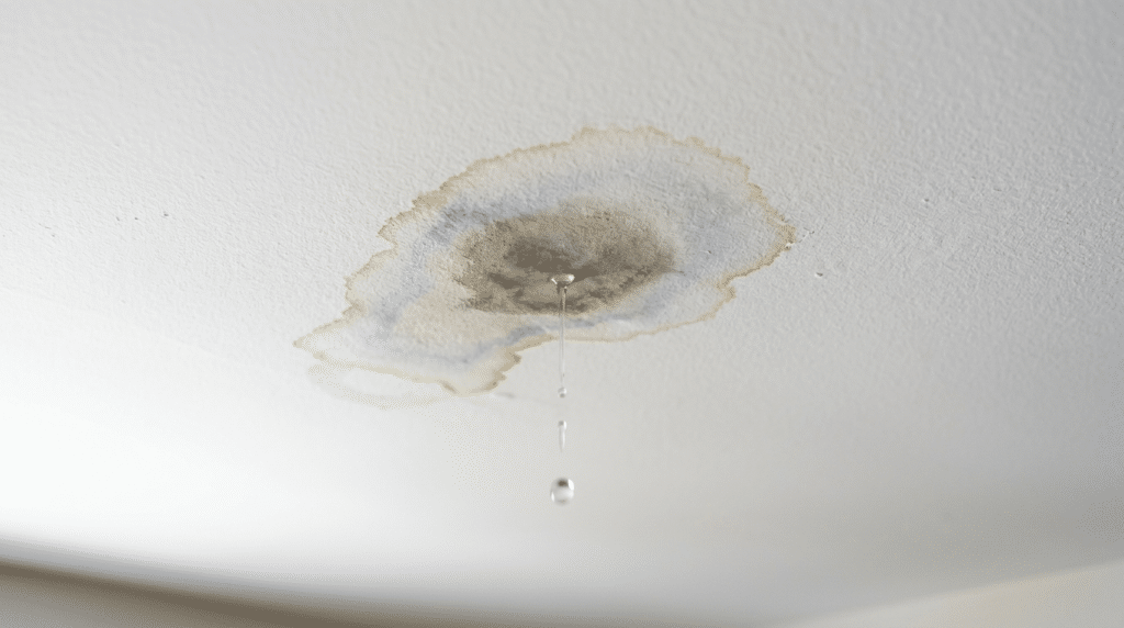 Water drips from a large, discolored ceiling leak caused by a plumbing failure.