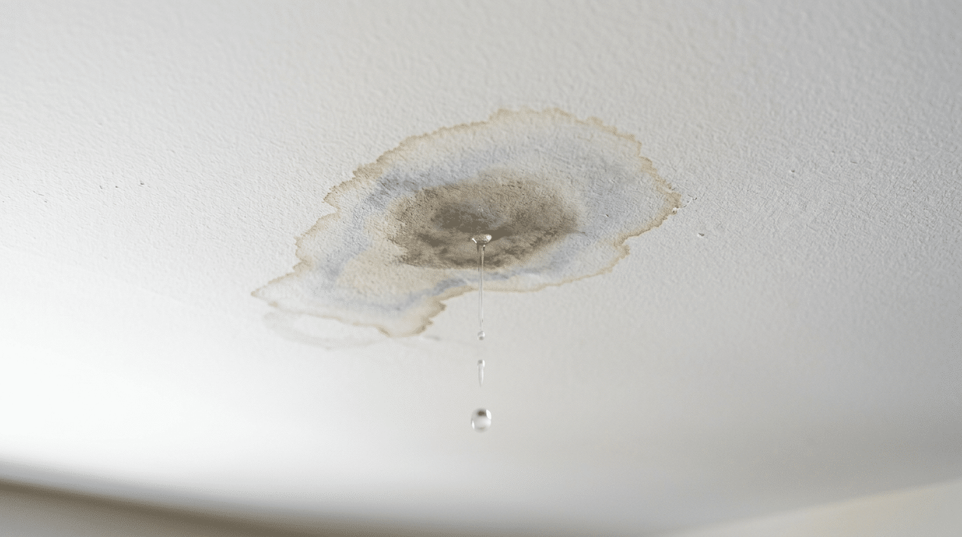 Water drips from a large, discolored ceiling leak caused by a plumbing failure.