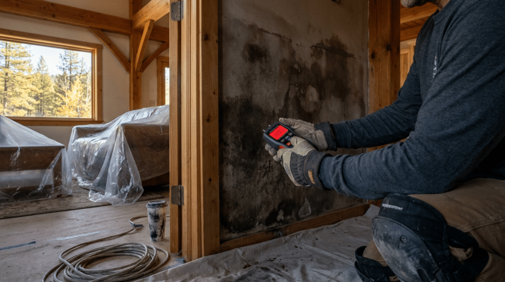 A worker in work gloves uses a moisture meter on a dark, stained section of an interior wall while assessing damage restoration in Montana.