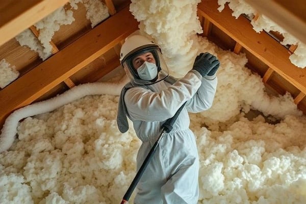 Person in protective gear sprays foam insulation inside an attic, surrounded by exposed wooden beams and white insulating material.