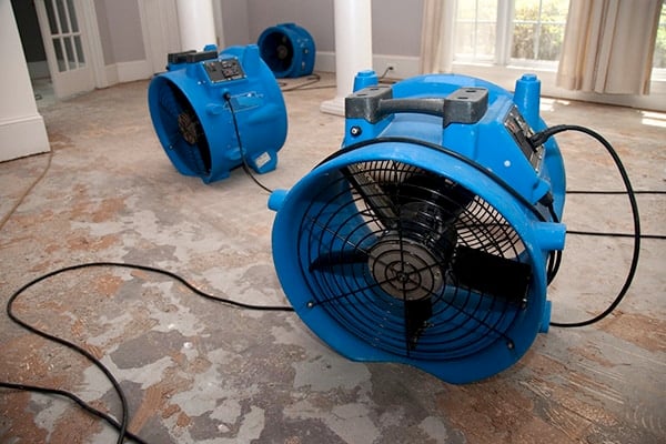 Three large blue industrial fans are drying a bare, damaged floor inside a room with columns and windows covered by light curtains.